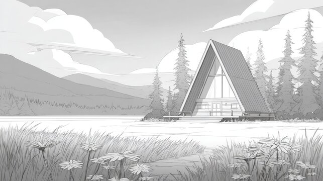 Striking A frame dwelling stands near placid water surrounded by dense forest and distant peaks