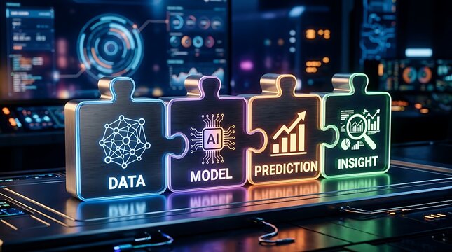 Data model prediction insight concept displayed on interconnected glowing puzzle pieces on futuristic tech dashboard