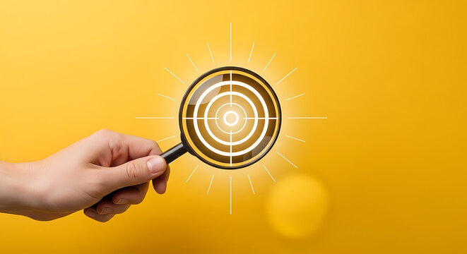 A hand holding a magnifying glass with a target symbol on a yellow background