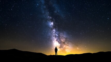 Fototapeta premium Silhouette of person against vibrant Milky Way galaxy