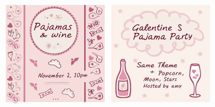A festive invitation for a galentine s pajama and wine party