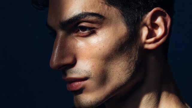 Profile of a man with shadows and light creating contrast on his face in a low light setting during the evening