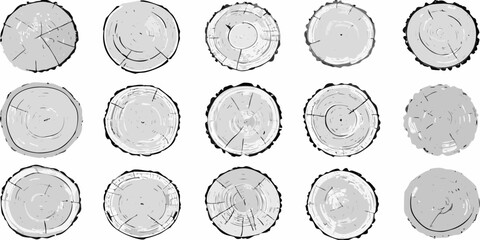 Nine grayscale illustrations of cross sections of tree trunks © Suresh