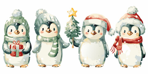 Watercolor penguins celebrating winter holidays with gifts and a tree © Suresh