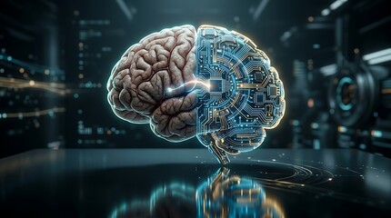 Human brain with digital circuit half symbolizing artificial intelligence and advanced technology integration in modern innovation