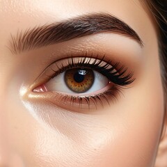 Obraz premium A close-up of a human eye with brown iris and long eyelashes