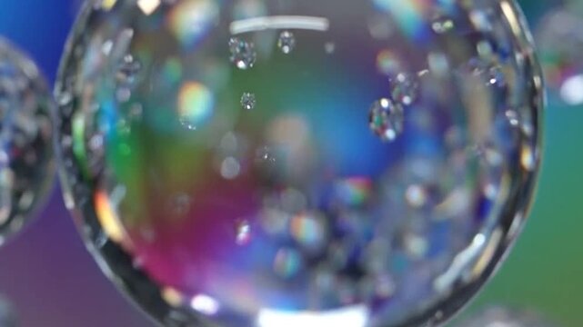 Sparkling clear spheres reflecting vibrant rainbow colors against a blurred