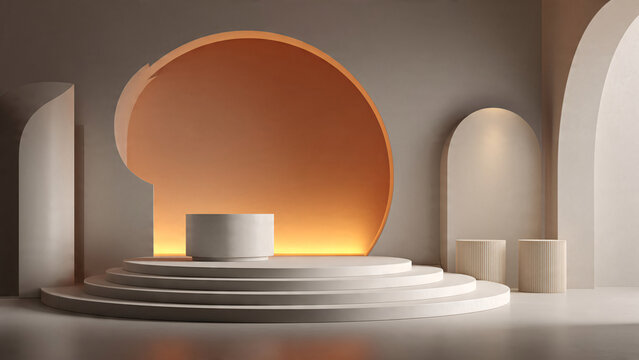 Elegant geometric pedestals and arches in warm neutral tones.