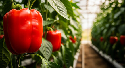 Greenhouse plants with red peppers symbolizing spring gardening