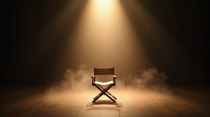 A lone director's chair sits centered on a vast empty stage with a spotlight shining down creating a dramatic atmosphere with smoke or fog around it