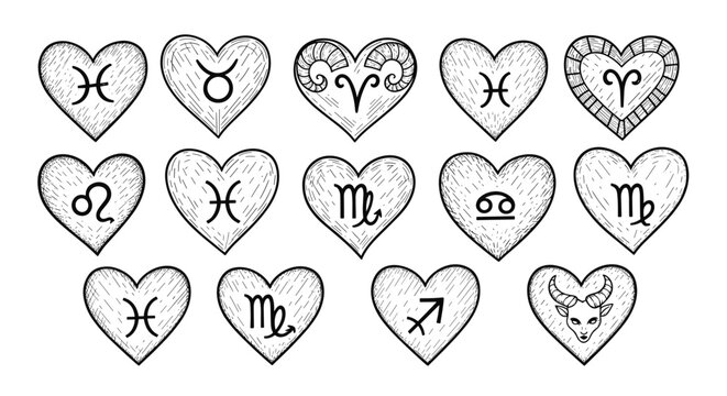 Collection of twelve handdrawn zodiac signs inside heart shapes