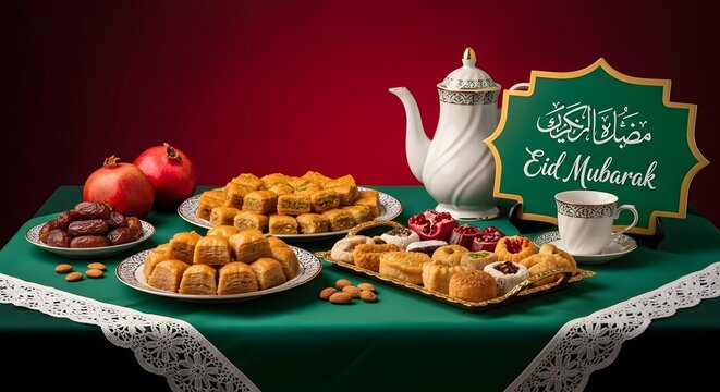 Eid mubarak celebration with traditional food and decorations