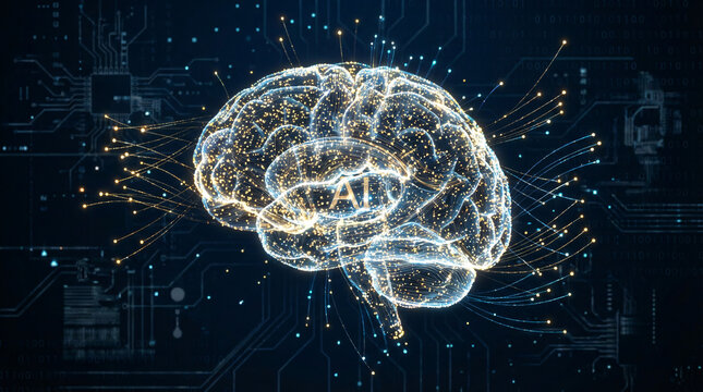 Artificial intelligence brain with glowing circuits and data connections.