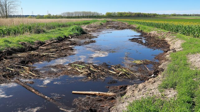 Agricultural chemical runoff pollutes a rural field waterway with muddy banks and green vegetation under a clear blue sky.