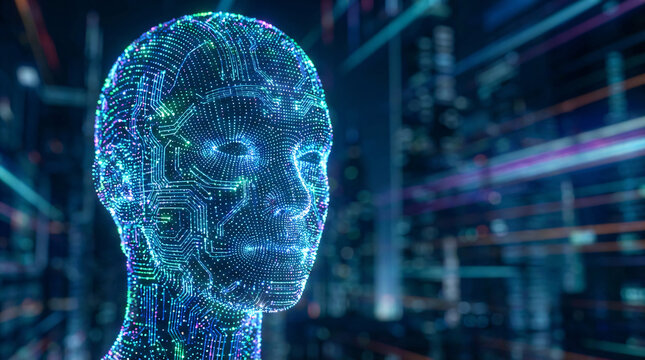 Futuristic digital human head made of glowing circuits and data.