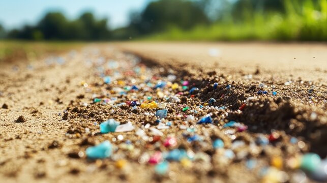 Colorful microplastic particles contaminating soil and debris in an agricultural field under a clear sky.