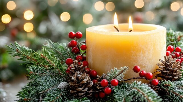 Festive Christmas candles with pine needles and red berries, creating a warm and cozy holiday ambiance