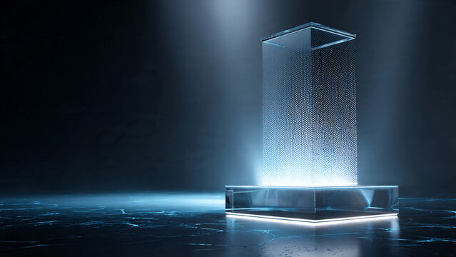Digital data streaming from above onto a glass pedestal.