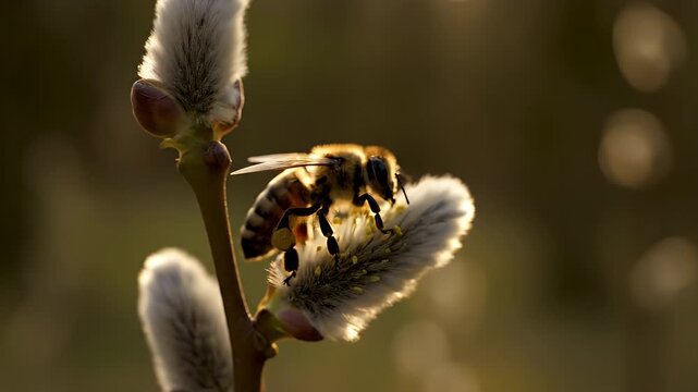 Hyper-realistic macro view of European honey bee pollinating soft pussy willow catkins in golden hour light