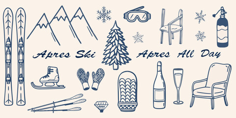 A collection of apr s ski themed illustrations in a blue tone © Ranu