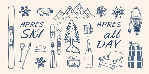 Winter sports and apr s ski themed doodle collection in blue line art © Ranu
