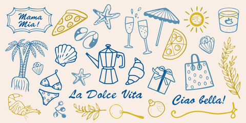 A colorful doodle collection illustrating italian summer and vacation themes © Ranu