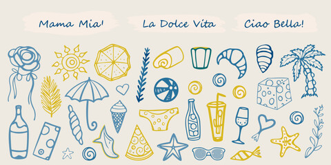 Italian summer themed doodles food drink and vacation elements © Ranu