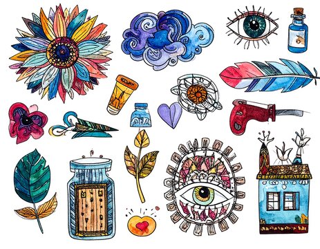 Watercolor-style collection of random vibrant objects a flower, an eye, a jar, a cloud, scissors, a house