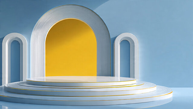 Bright blue and yellow geometric stage with elegant arches.