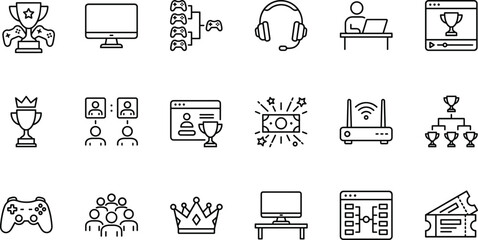 esports gaming line icons set, online tournament competition, game controller headset streaming, gamer community, digital entertainment outline vector © MdMoktar