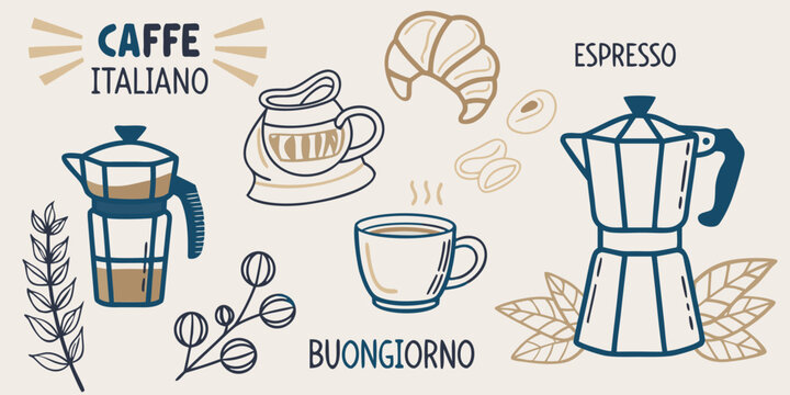 Italian coffee illustration featuring espresso makers croissants and floral elements