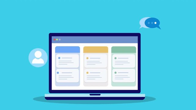 Flat vector animation of laptop dashboard with user icon and chat bubble representing customer communication, online messaging, and digital business support systems.