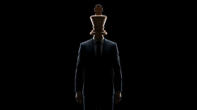 Business Leader Depicted with a Powerful Chess King Head and Sharp Suit Silhouette Against a Dark Dramatic Background Illustrating Strategic Thinking and Corporate Dominance