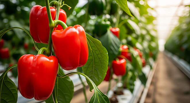 Greenhouse plants with ripe peppers symbolizing spring gardening