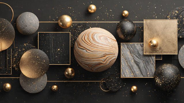 Elegant dark background with golden spheres and geometric shapes.
