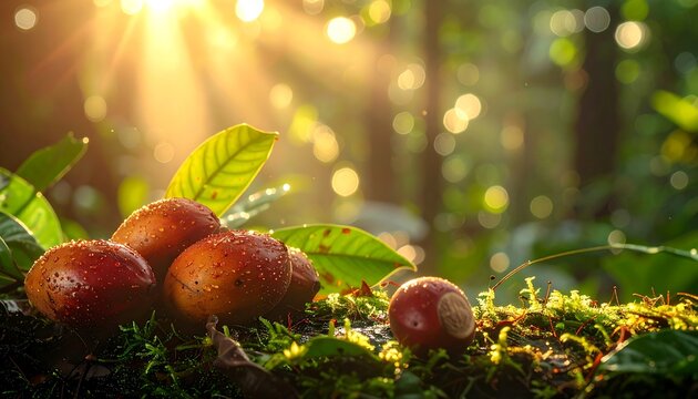 Warm sunlight kisses ripe fruit clustered on mossy log within a vibrant, green, bokeh-filled forest backdrop