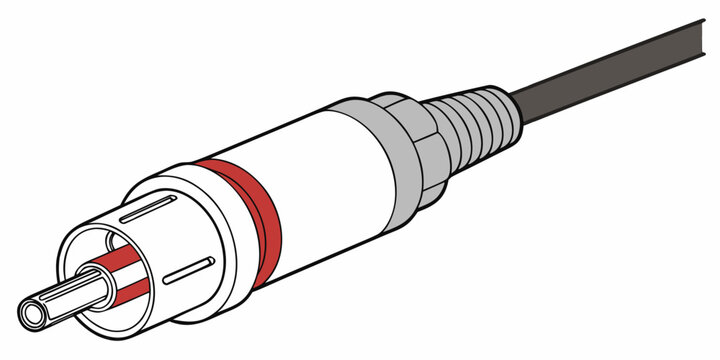 Close-up view of a male rca audio connector with red and grey insulation