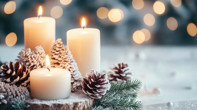 Warm Christmas candles with natural winter textures and soft bokeh background, creating a cozy holiday atmosphere.