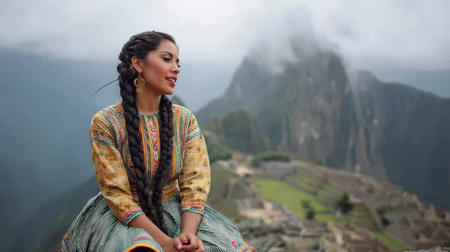 Mountain view from Machu Picchu with woman sitting and looking into the distance wearing traditional clothing