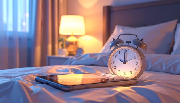 Alarm clock and digital device on a bed at night