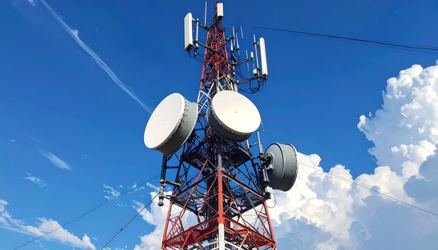A tall communication tower with dishes and antennas against a blue sky