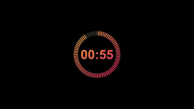 One minute circle countdown timer animation from 60 to 0 seconds with alpha channel, 1 minute circle countdown animation on a transparent background