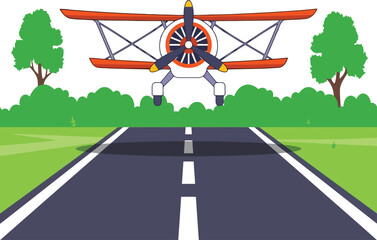 Vintage biplane flying over road vector illustration. © Andrey Popov