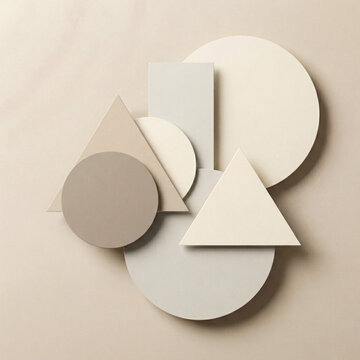 Soft geometric shapes create a modern neutral tone collage.