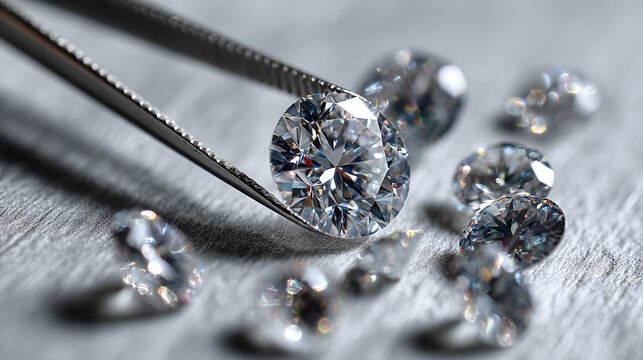 macro view of brilliant cut diamond held with tweezers surrounded by loose diamonds on gray background representing luxury jewelry gemstone evaluation and gem expert work