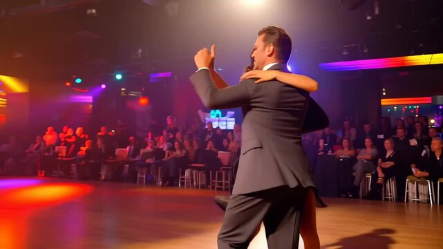 Couple dances tango in a busy dance hall during a night event with colorful lights and lively people around