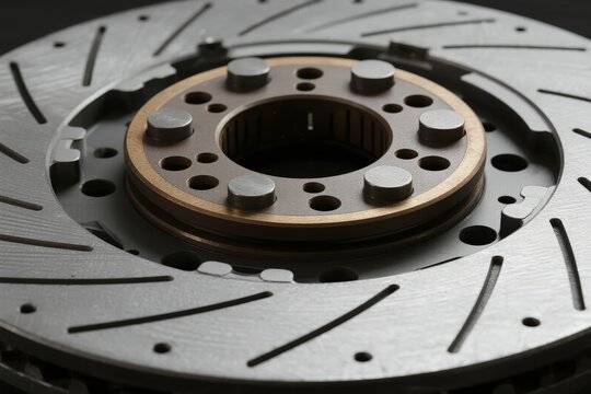 Close-up view of a ventilated brake disc with drilled holes and slotted surface