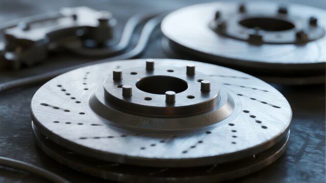 Close-up of automotive brake rotors and caliper components on a workbench