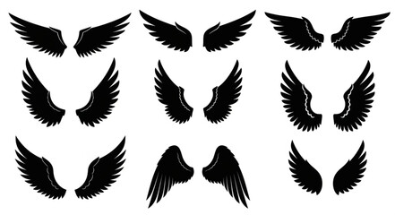 Fototapeta premium Collection of black angel wings silhouettes isolated on white background.