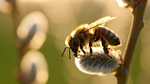 Solitary honeybee on pussy willow catkin collecting nectar in soft morning light
